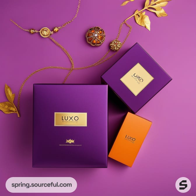 Purple and orange gift boxes with gold accents on purple background.