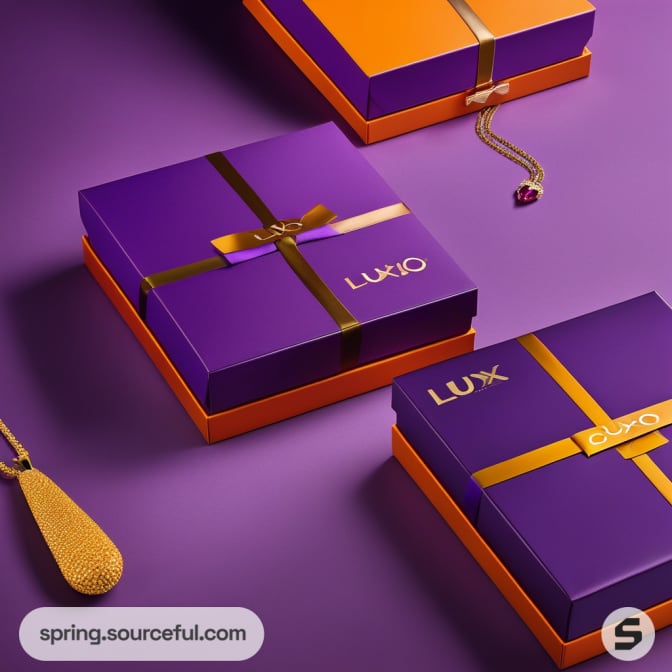 Purple and orange gift boxes with brown ribbons, jewelry beside.