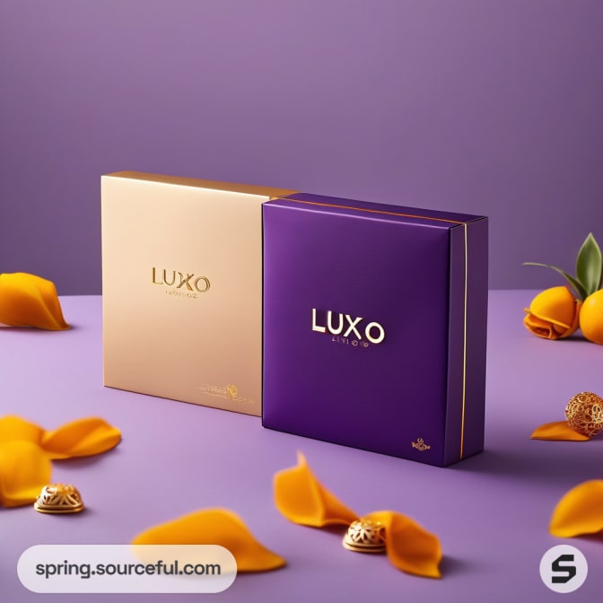 Purple and gold boxes with orange petals around.
