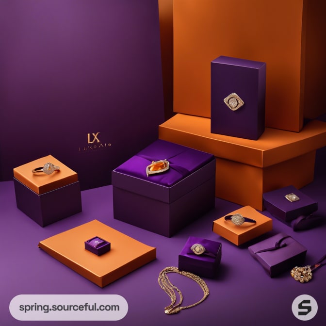 Assorted purple and orange boxes with jewelry on purple surface.