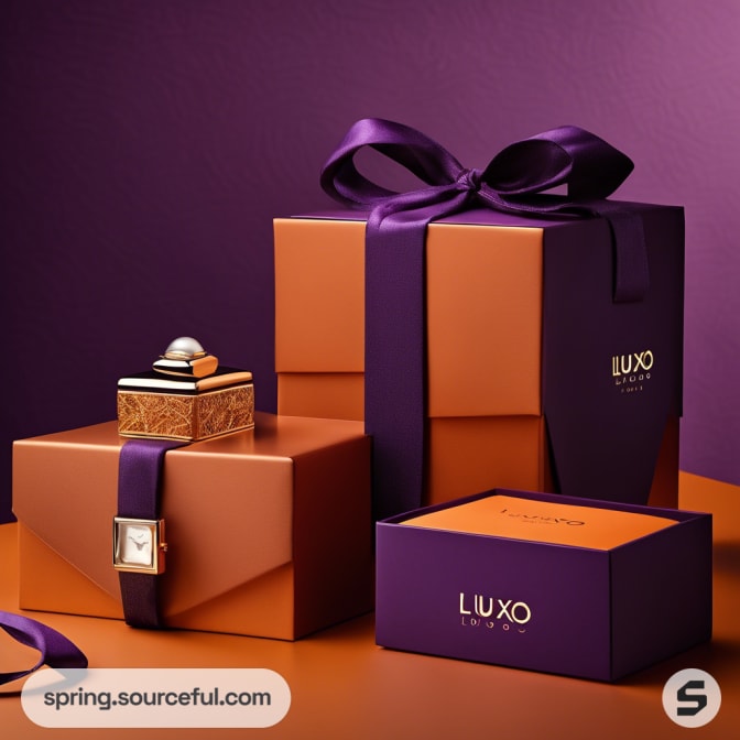 Purple and orange boxes with ribbon and jewelry, elegant setting.
