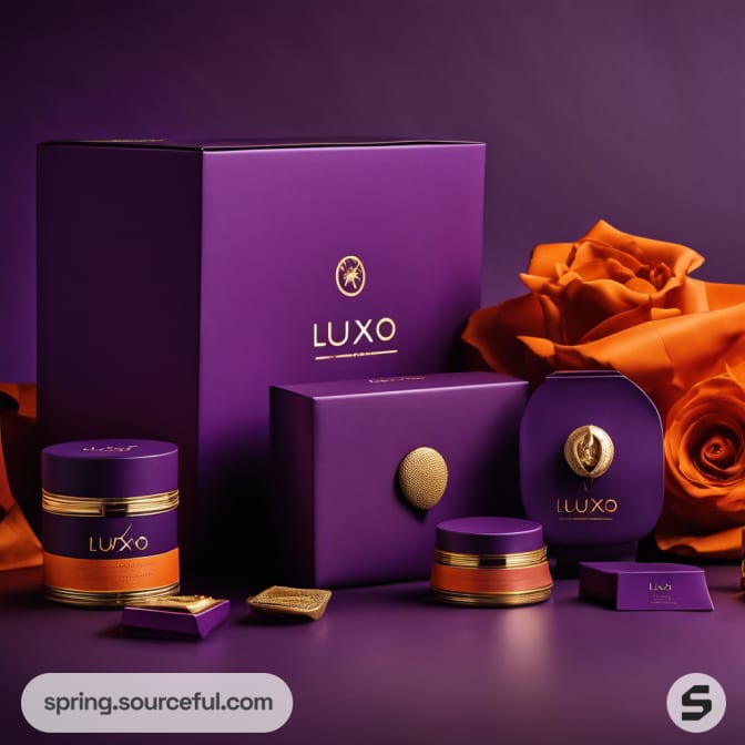 Large purple box with smaller orange and gold boxes, jewelry nearby.