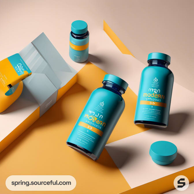 Blue and orange supplement bottles on a geometric yellow and peach background.