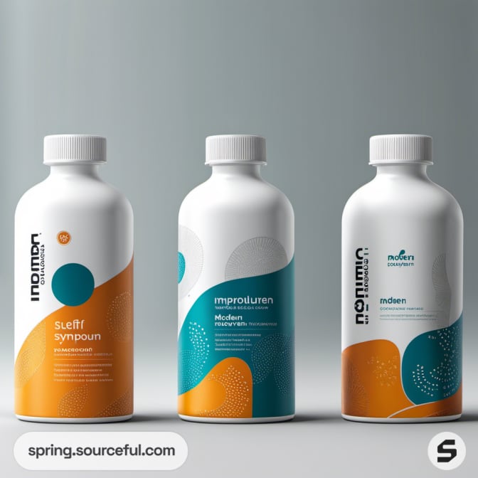 White bottles with geometric teal and orange patterns on a gray background.