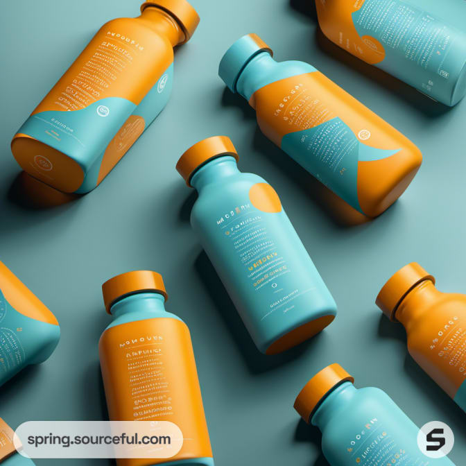 Multiple blue and orange bottles with bold labels on a teal surface.