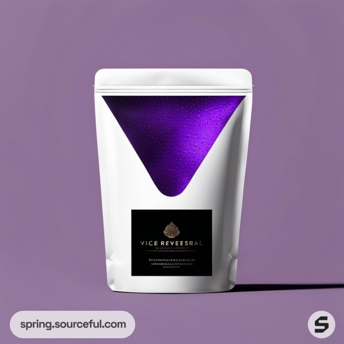 White pouch with purple triangle on purple backdrop.