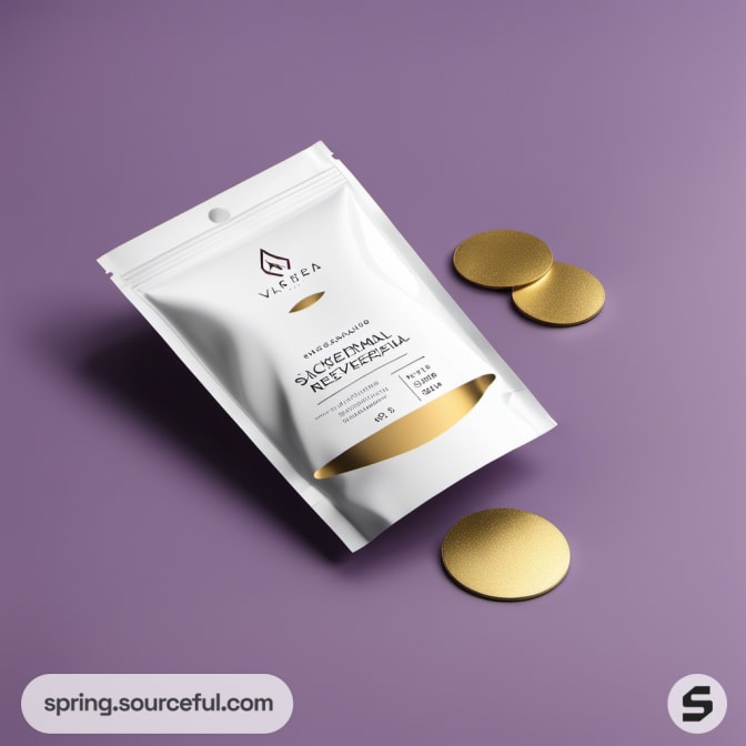 White pouch with gold accents and discs on purple background.