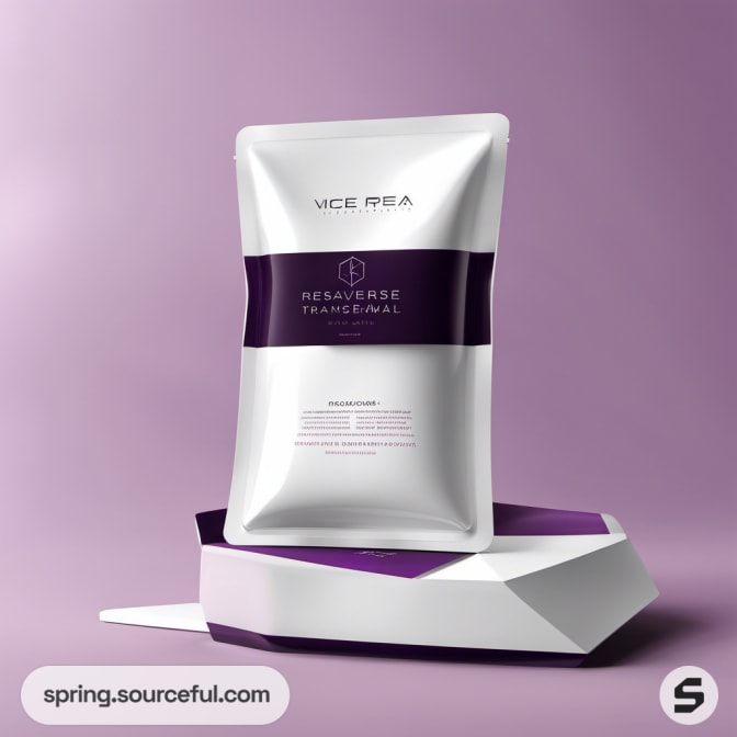 White pouch with purple band on geometric stand.