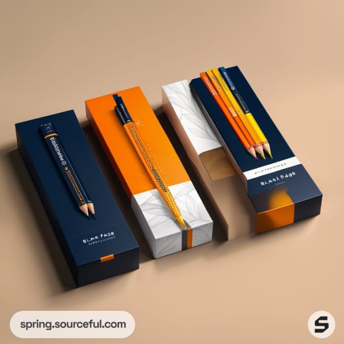 Stylish pencil packaging with black, white, and orange boxes.