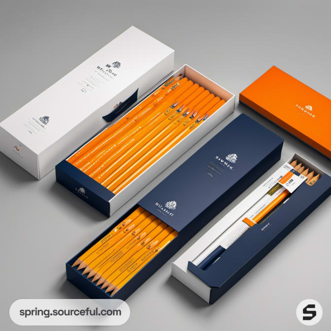 Assorted pencil sets in navy, white, and orange boxes.