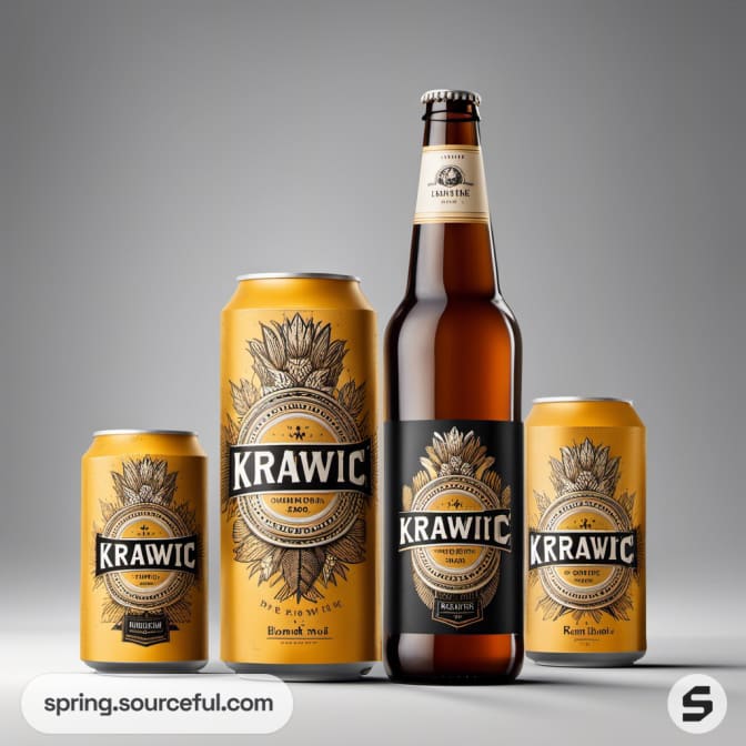 Assorted beer cans and a bottle with yellow labels featuring ornamental designs.