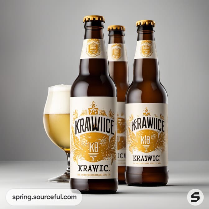 Close-up of three craft beer bottles beside a filled glass with white label designs.