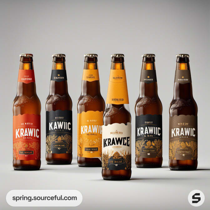 Six craft beer bottles with various colored labels on a plain background.