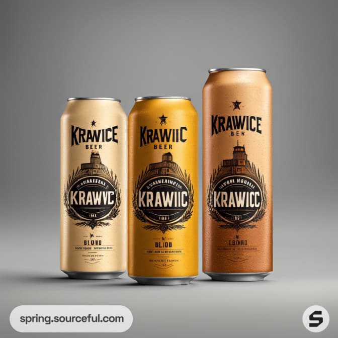 Three tall beer cans with vintage label designs and earthy tones.