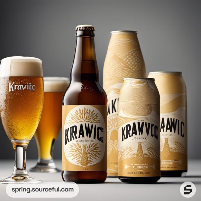 Assorted beer bottles and cans with matching textured cream labels.