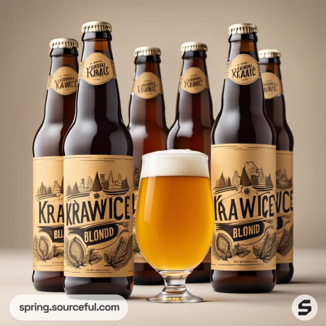 Group of beer bottles and a glass, featuring artistic labels with tree designs.