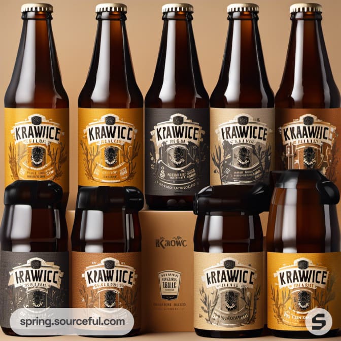 Eight craft beer bottles with diverse labels and a cardboard package.
