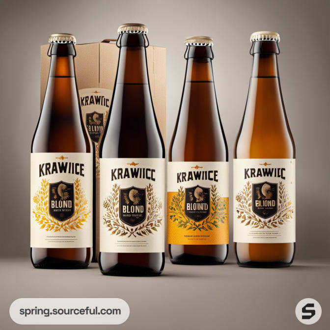 Four craft beer bottles in a cardboard carrier with minimalistic labels.