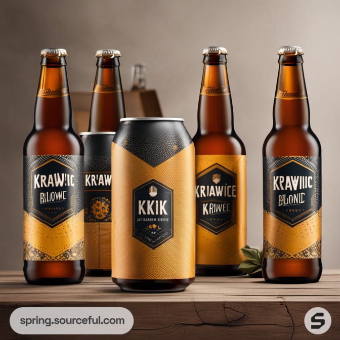 Five beer bottles and a can with gold and black labels next to a wooden table.