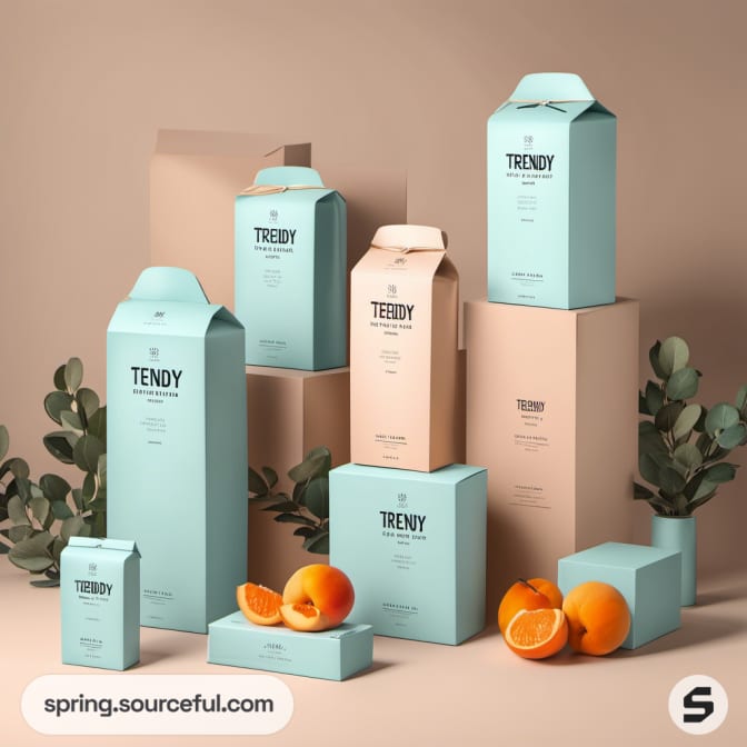 Assorted pastel-colored boxes with fruit accents on a beige background.