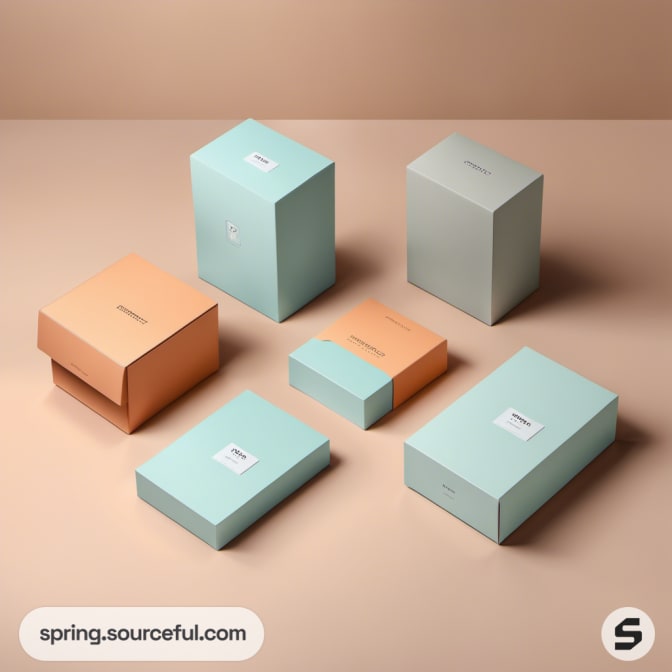 Various pastel-colored boxes in blue and peach on a beige backdrop.