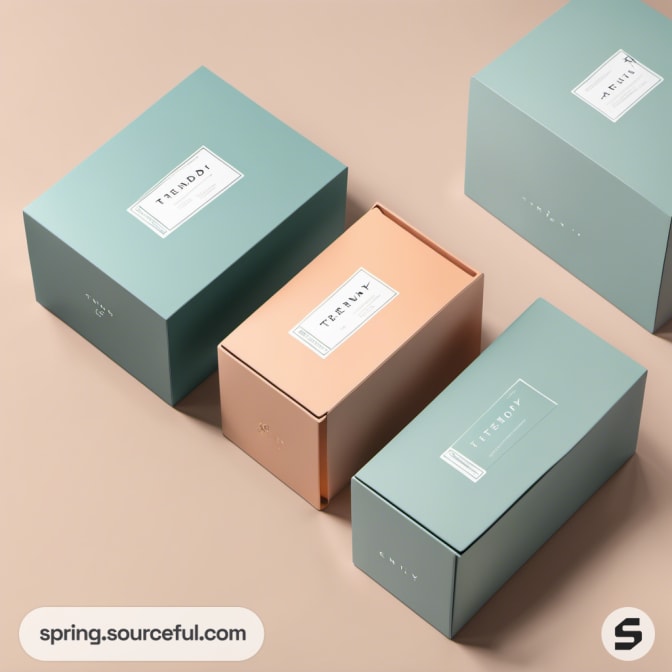 Close-up of pastel green and peach boxes on a beige surface.