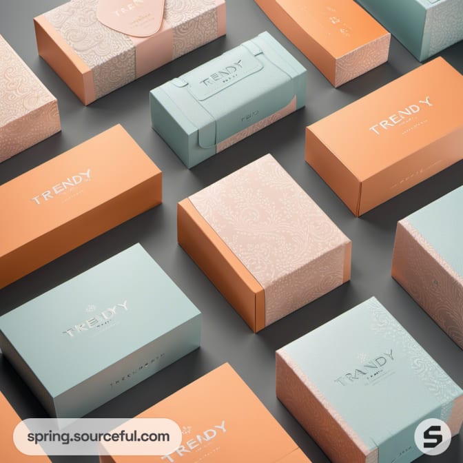 Neatly arranged pastel boxes in blue and peach tones on a gray background.