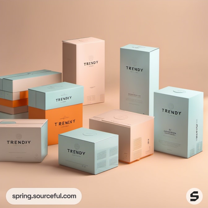 Pastel boxes with 'TRENDY' label in blue and peach on a beige surface.