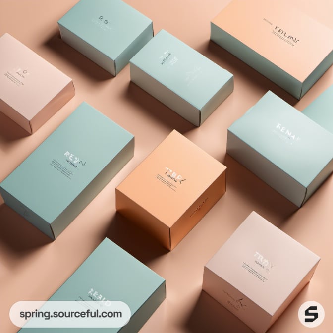 Pastel-colored boxes in assorted sizes on a beige background.