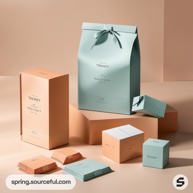 Large pastel gift bag and boxes in blue and peach hues.
