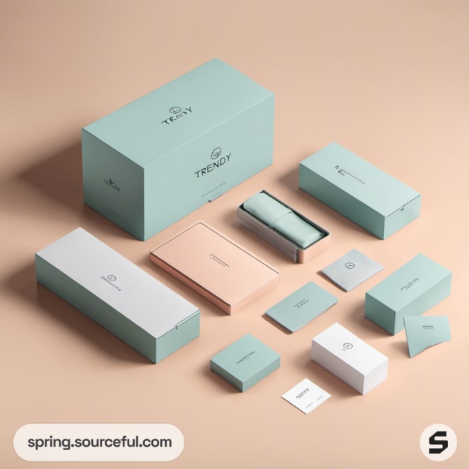 Pastel blue and peach boxes with branded labels on a beige surface.