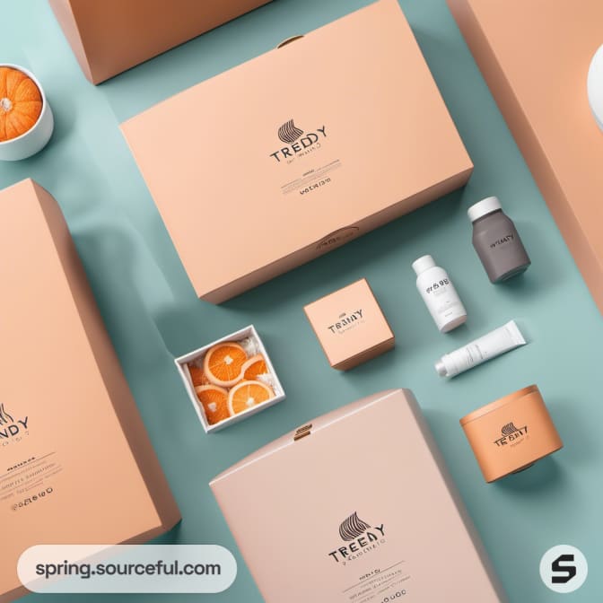 Peach and blue boxes with skincare products and oranges on turquoise.