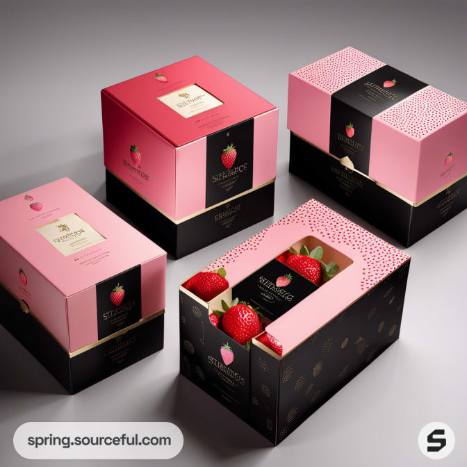 Pink and black strawberry-themed boxes with strawberries visible inside.