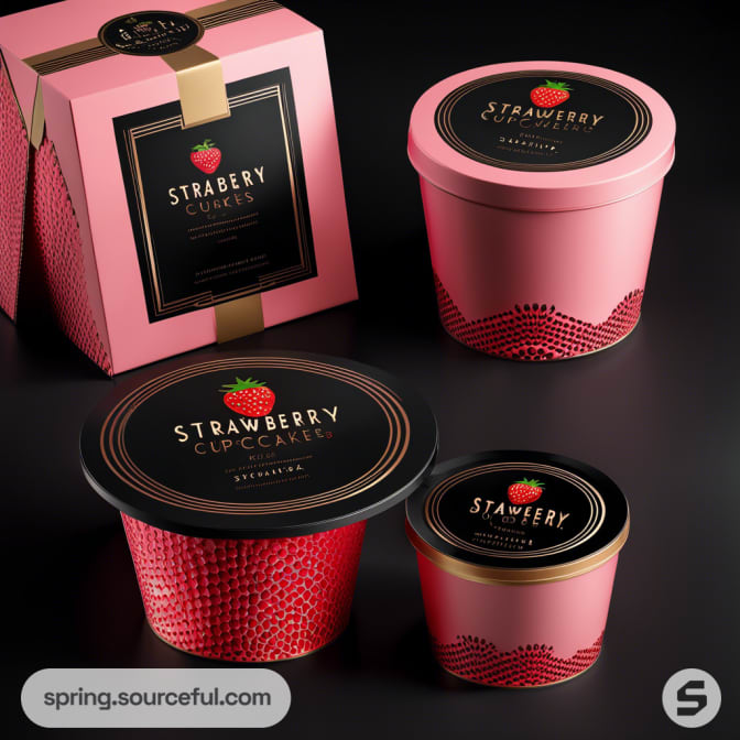 Pink dessert packaging with strawberry graphics on a black background, includes a box and two containers.