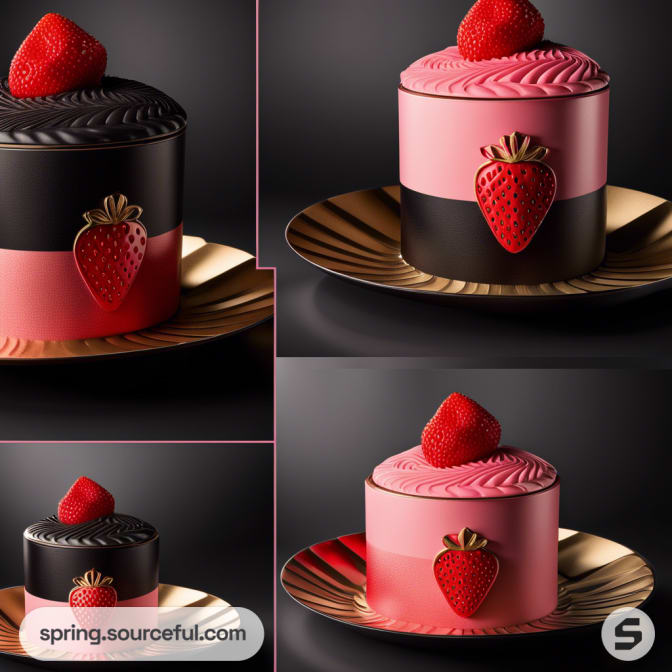 Elegant round cakes with strawberry toppings and strawberry-themed designs, placed on patterned plates.
