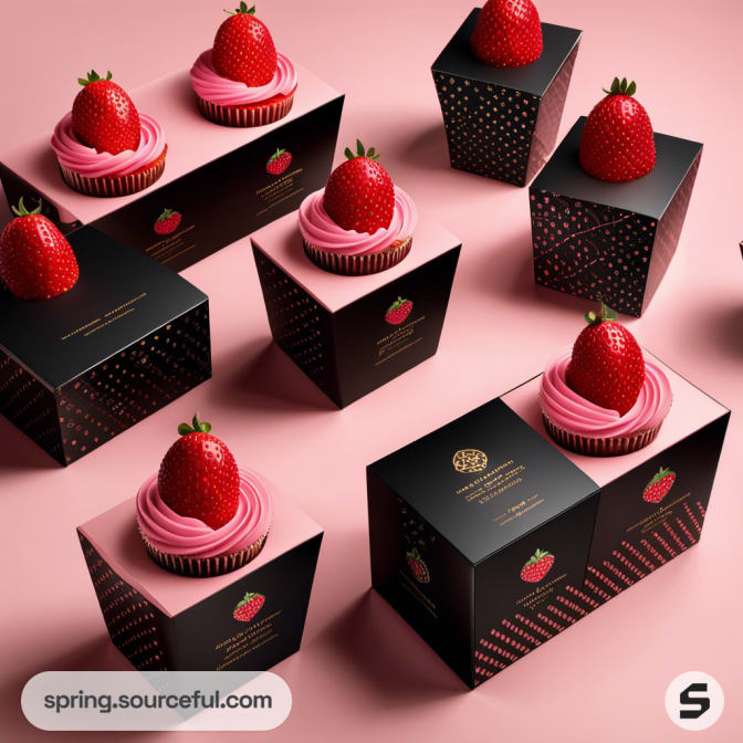Black gift boxes with gold details and strawberry cupcakes on pink frosting, topped with a fresh strawberry.