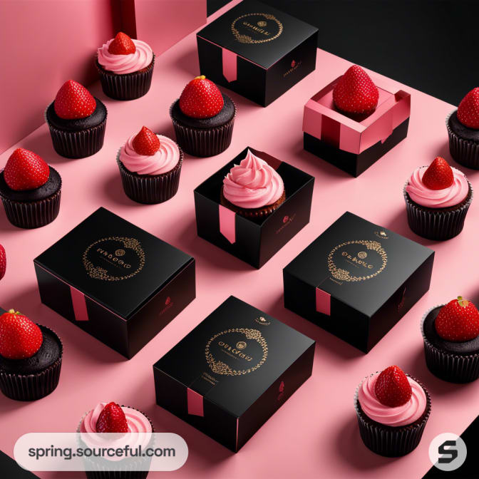 Cupcakes with strawberries and pink frosting beside elegant black and pink boxes on a matching background.