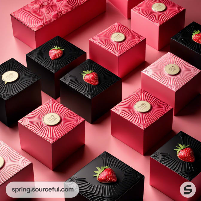 Red and black gift boxes with embossed lids and strawberries on top, on a pink surface.