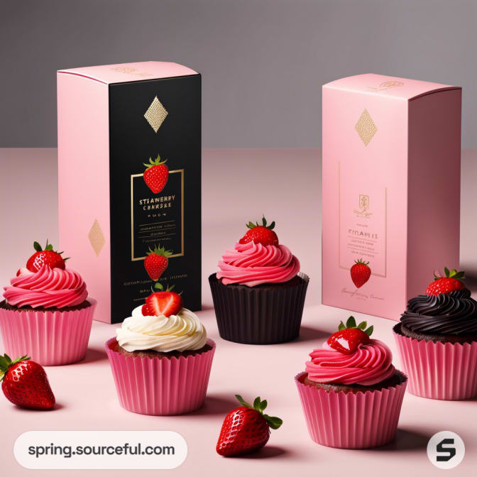 Assorted cupcakes with pink and red frosting, strawberries, and elegant pink and black packaging boxes.