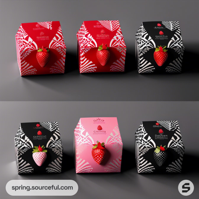 Set of colorful strawberry-themed mailer boxes with abstract patterns on a gray background.