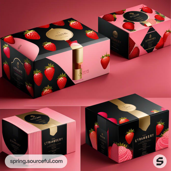 Luxury strawberry-themed boxes with black and pink design, featuring gold accents and realistic strawberry images.