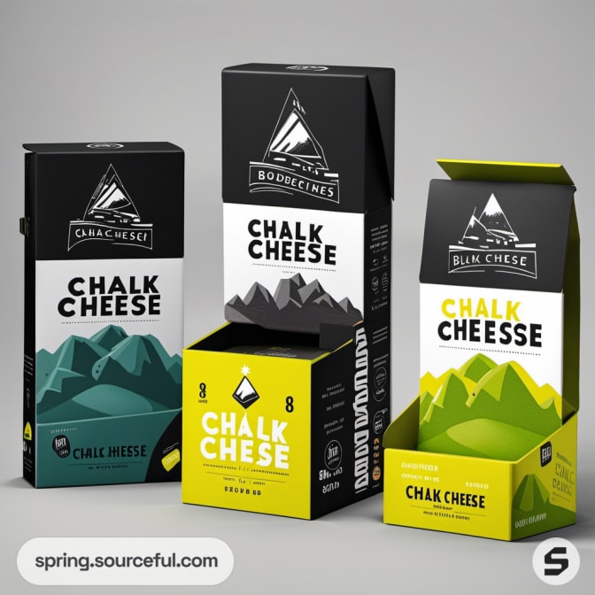 Assorted cheese packaging with mountain-themed design in black, white, and lime green colors.