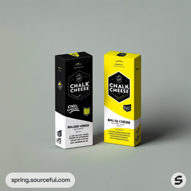 Two vertical cheese boxes in black and yellow, featuring bold typography and geometric designs.