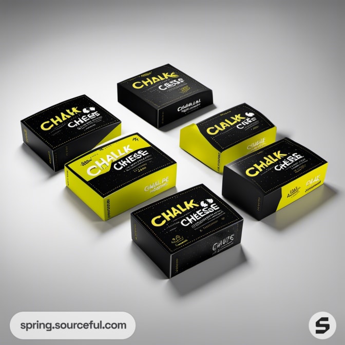 Six rectangular cheese boxes in black and yellow with minimalistic and bold typography designs.