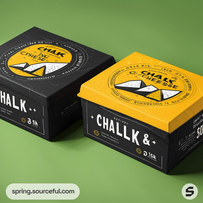 Two square cheese boxes with lids, in black and yellow, featuring detailed text and geometric graphics.