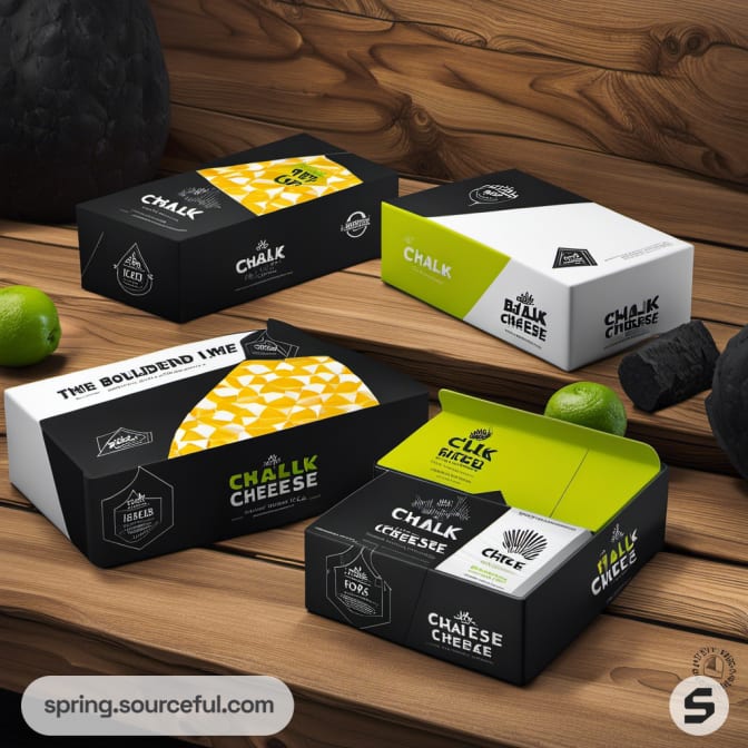 Cheese packaging with nature-themed graphics and geometric designs in a wood setting.