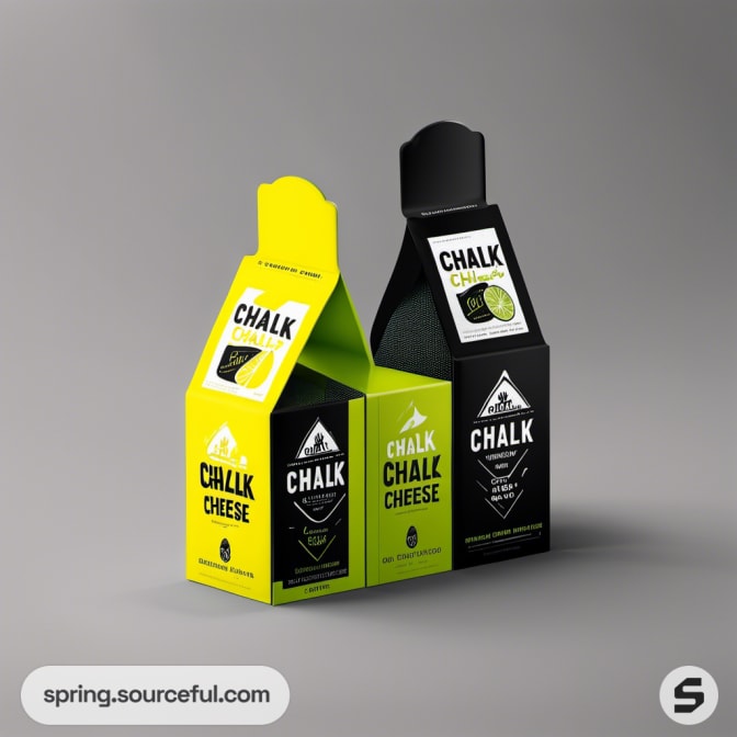 Triangular cheese boxes in black and yellow with clean lines and contrasting colors.