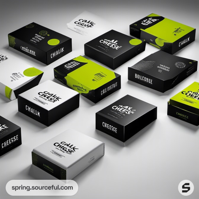 Various small rectangular cheese boxes in black, white, and green with bold minimalistic designs.