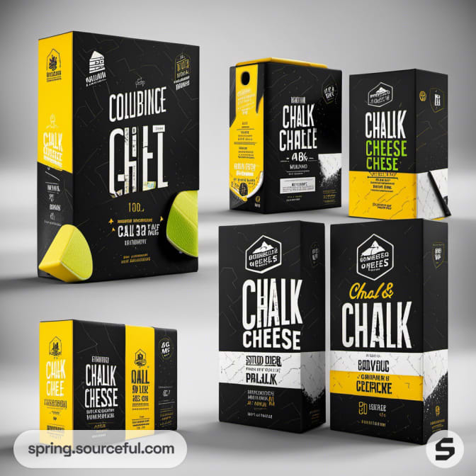 Collection of cheese boxes with bold typography and geometric designs in black, white, and yellow.