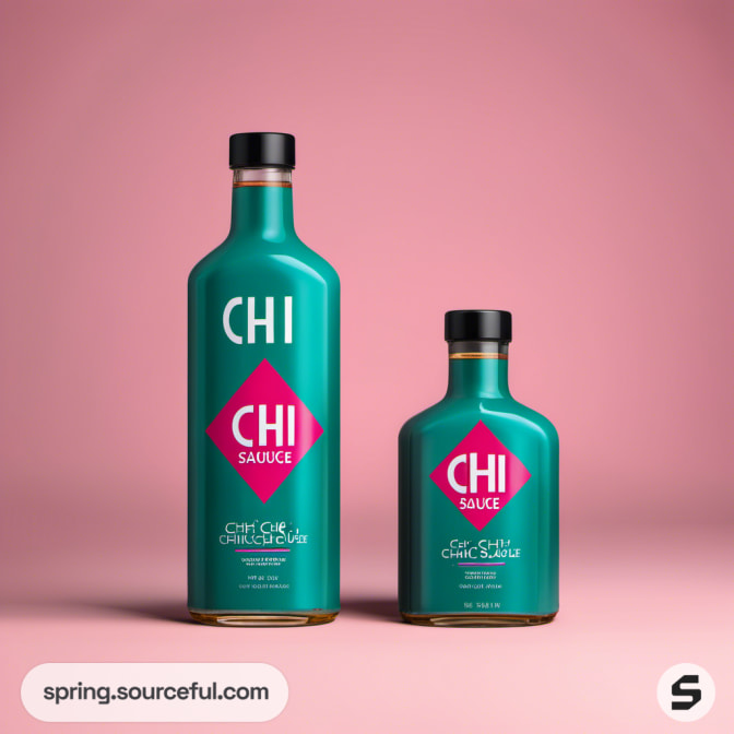 Teal and pink sauce bottles on pink background.